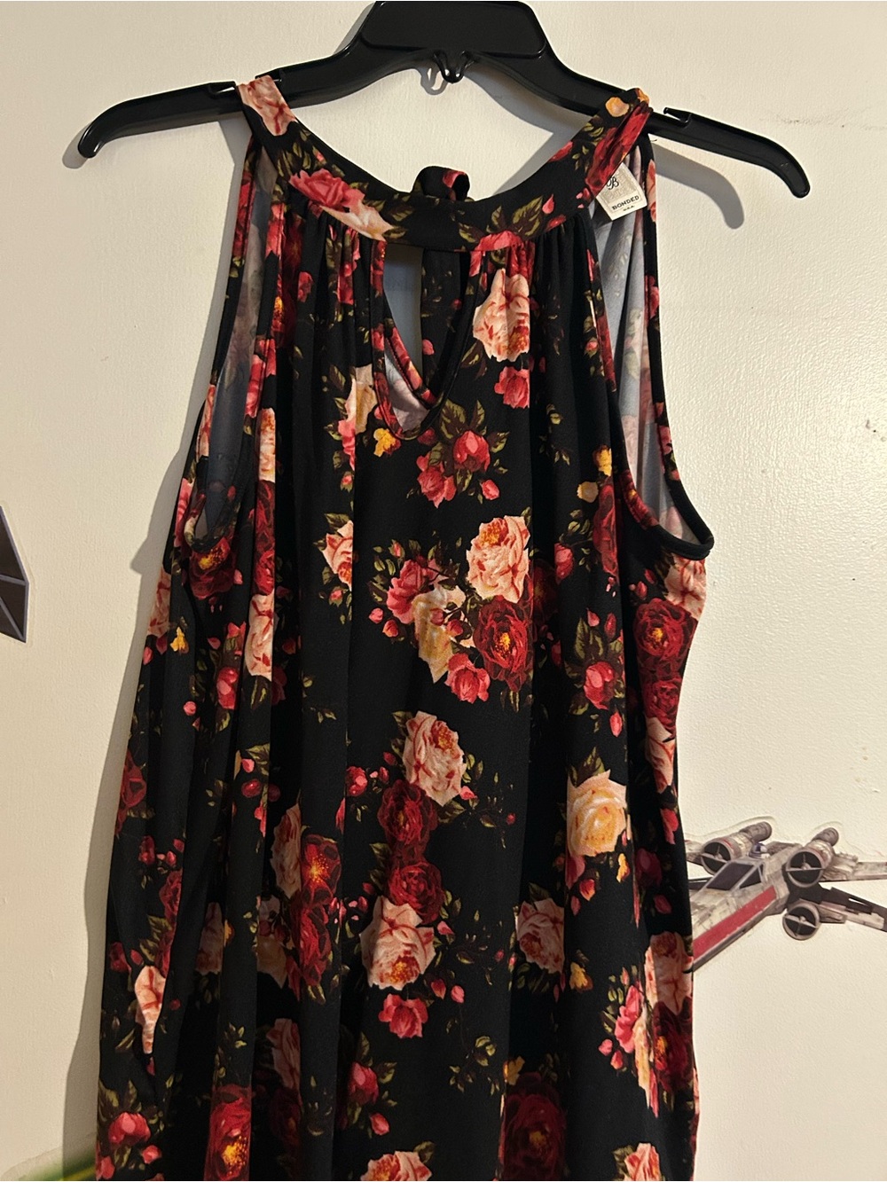 Floral Sleeveless Halter Top - Black with Red & Cream Roses